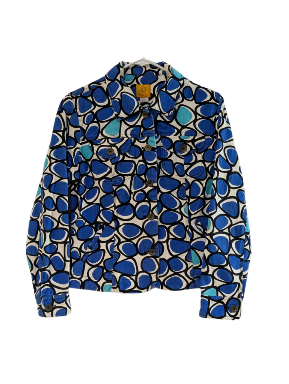 Ruby Rd. Women’s Denim Jacket, Size 8, Geometric, Blue White Black, Cotton